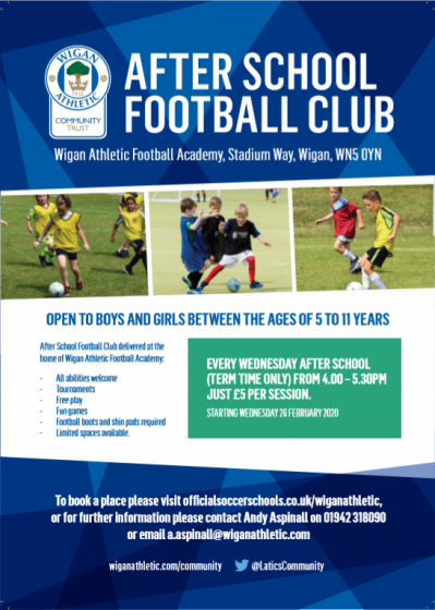 After School Football Club for ages 5 - 11 years, Wednesday 4pm - 5.30pm, Stadium Way (February - April)