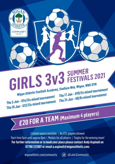 Girls Under 8/9 3v3 Football Festival, Thursday 24th June 2021, 6-8pm, Stadium Way